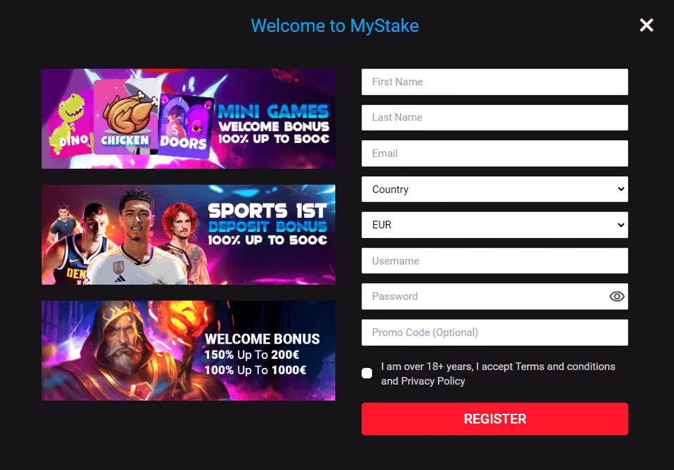 Registration at MyStake Casino